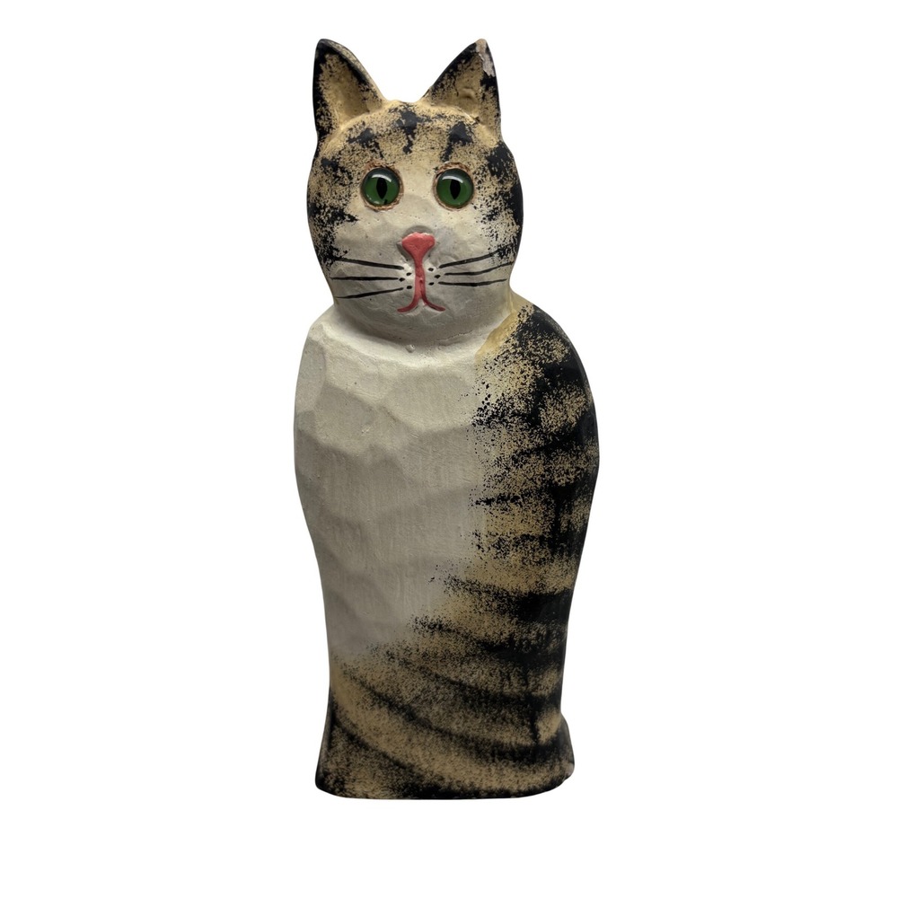 Handcarved Solid Wood Cat Figurine Hand Painted Tabby Folk Art Philippines‎ 7"